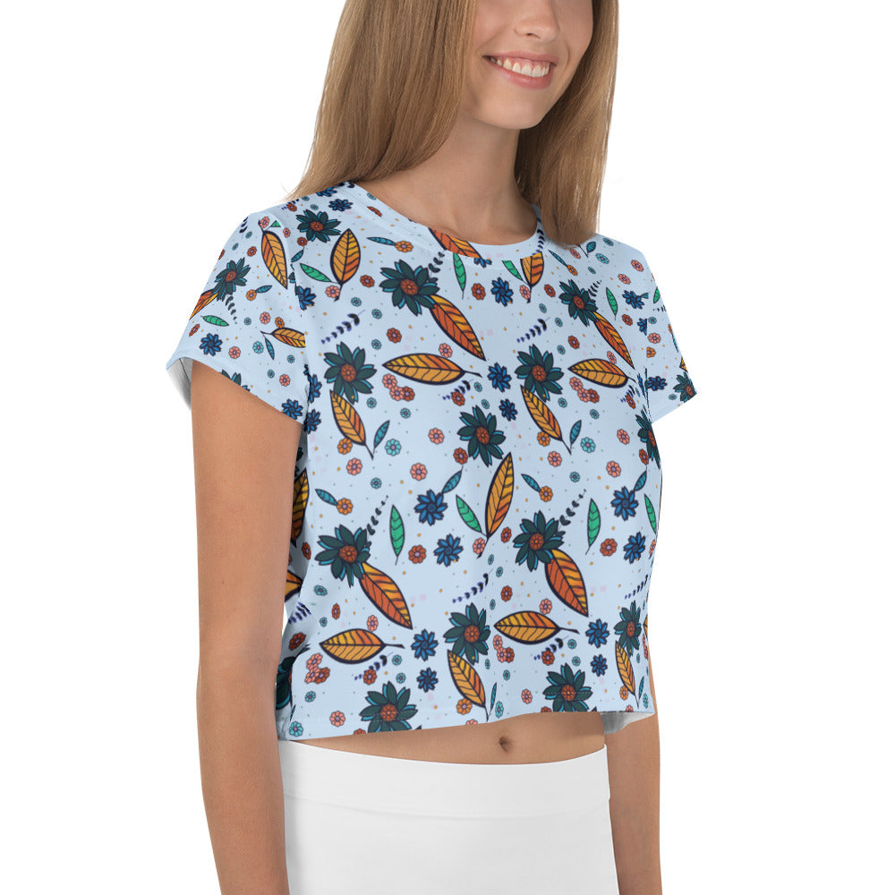 FLOWER POWER. All-Over Print Crop Tee. Sky blue.