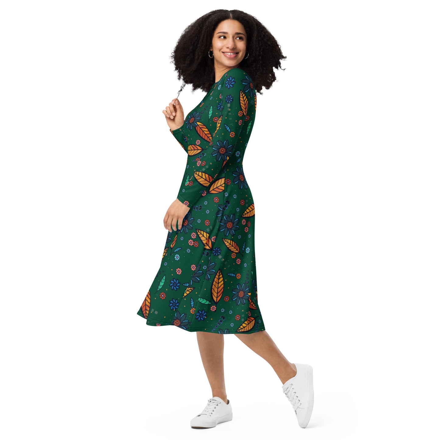 FLOWER POWER. All-over print long sleeve midi dress with pockets. Green.