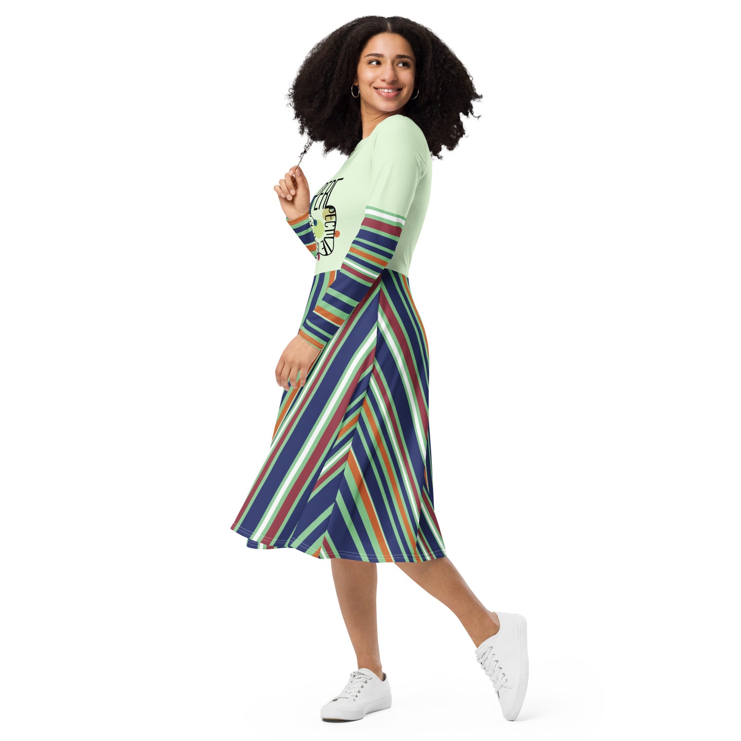 ATTITUDE. All-over print long sleeve midi dress. PERSPECTIVE.