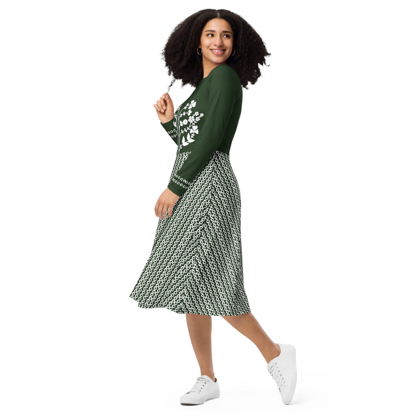 ROOTS! All-over print long sleeve midi dress. FOLKLORE.