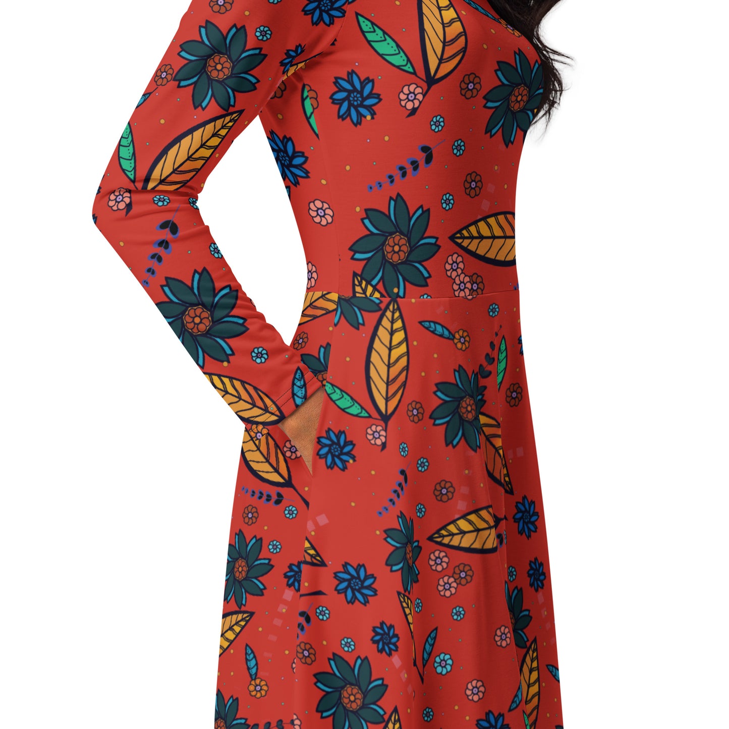 FLOWER POWER. All-over print long sleeve midi dress with pockets. Red.