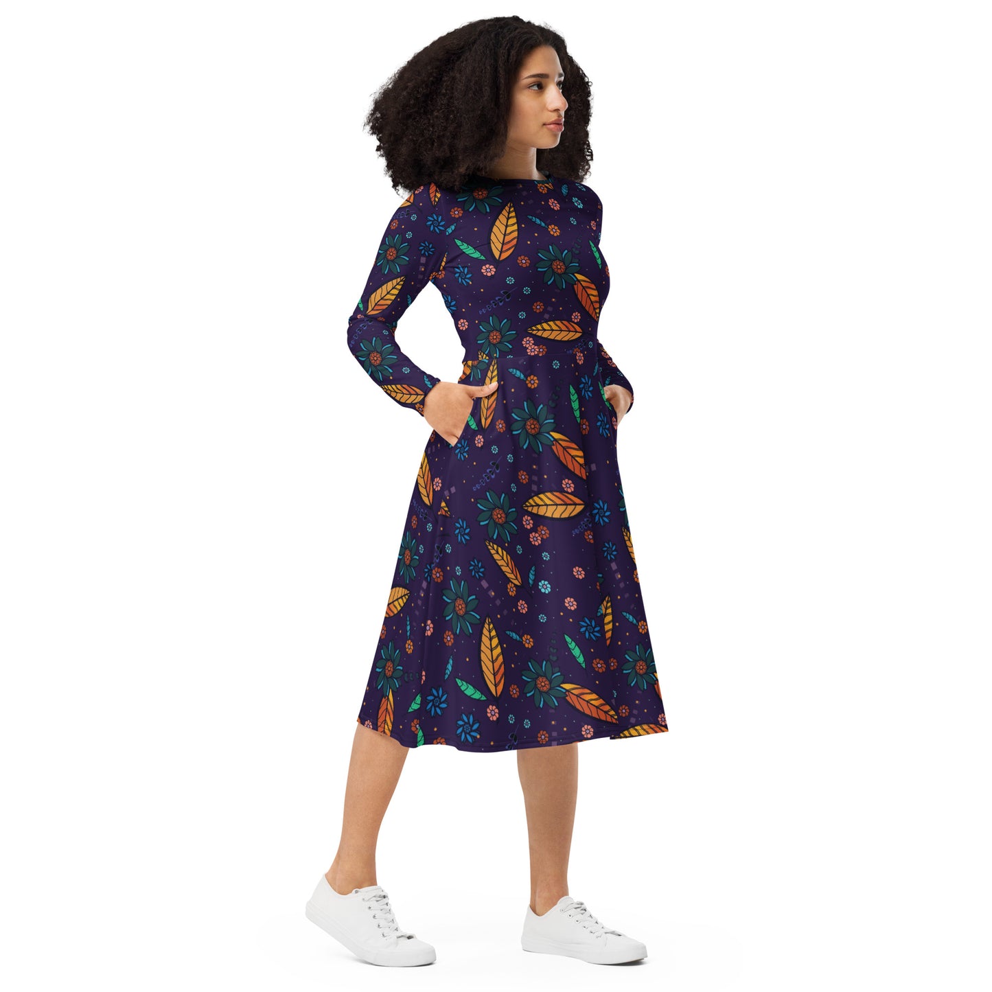 FLOWER POWER. All-over print long sleeve midi dress with pockets. Dark blue.