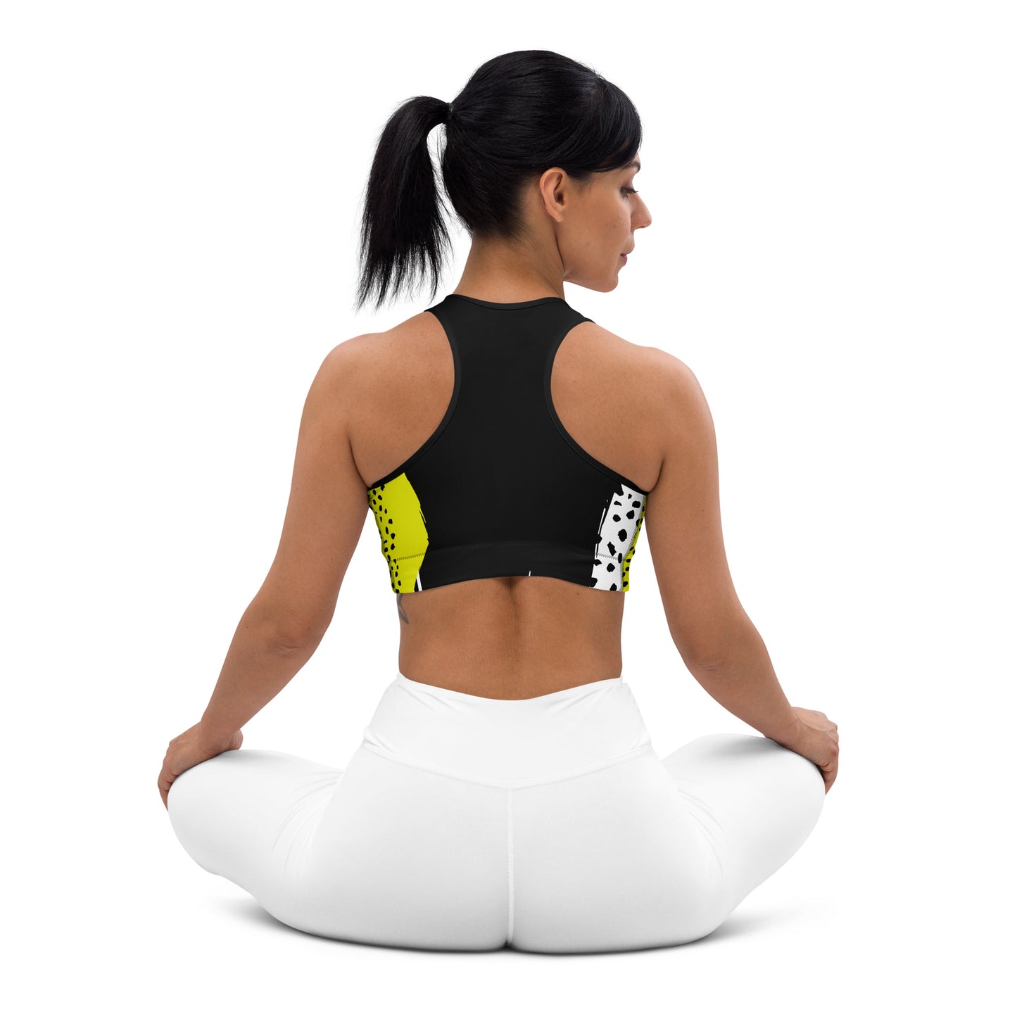 ANIMAL INSTINCT. Padded Sports Bra. Yellow, black, white.