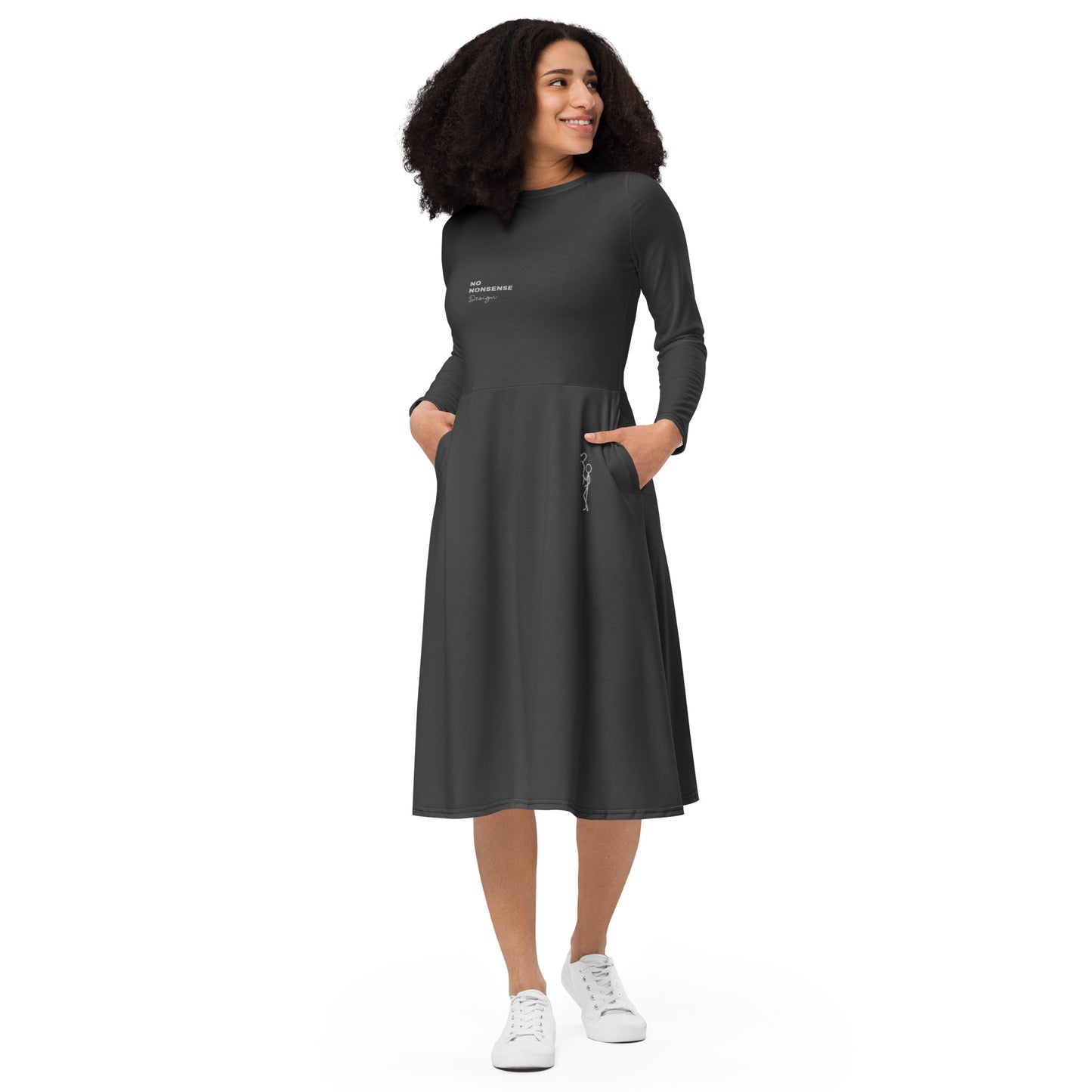 ATTITUDE. All-over print long sleeve midi dress with pockets. NO NONSENSE DESIGN. Charcoal.