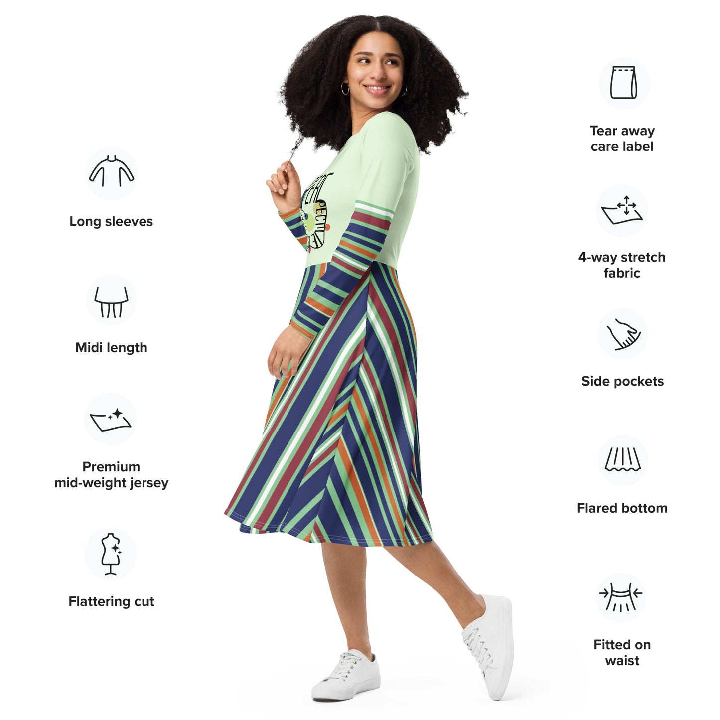 ATTITUDE. All-over print long sleeve midi dress. PERSPECTIVE.