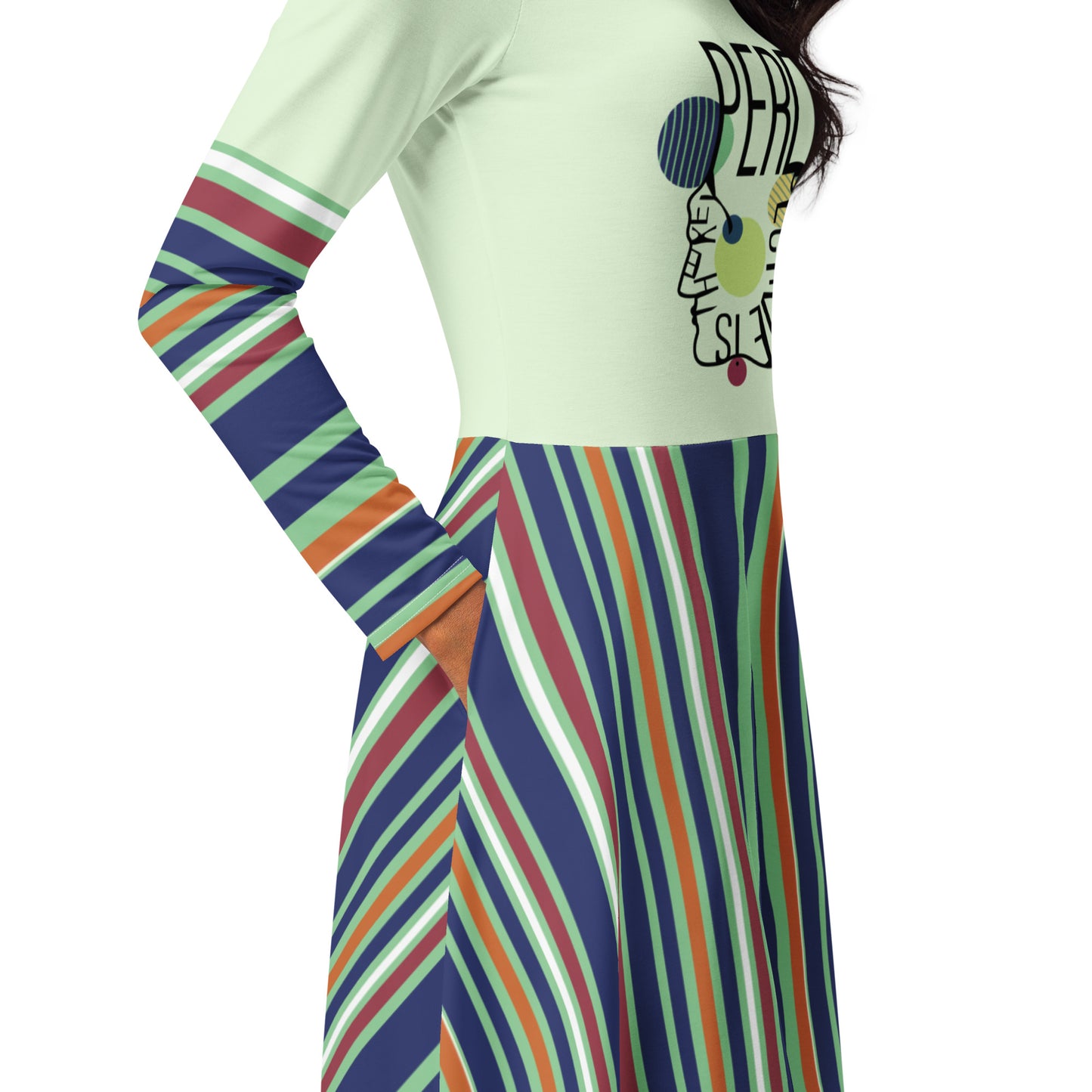 ATTITUDE. All-over print long sleeve midi dress. PERSPECTIVE.