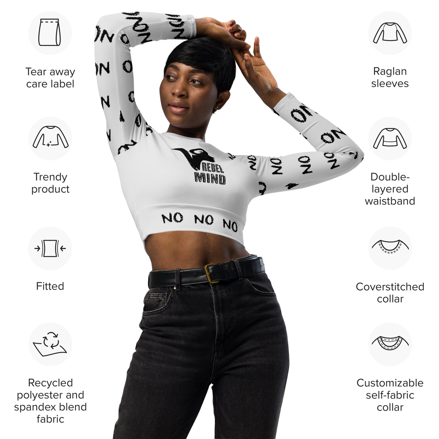 ATTITUDE. Recycled long-sleeve crop top. REBEL MIND. White.