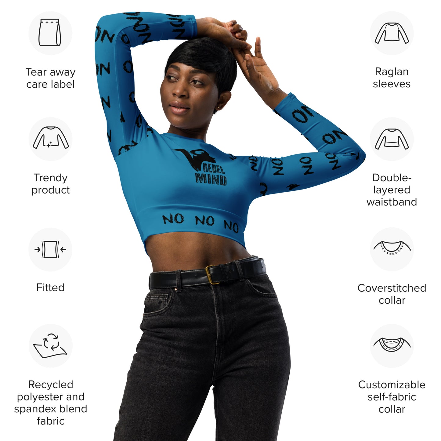 ATTITUDE. Recycled long-sleeve crop top. REBEL MIND. Blue.