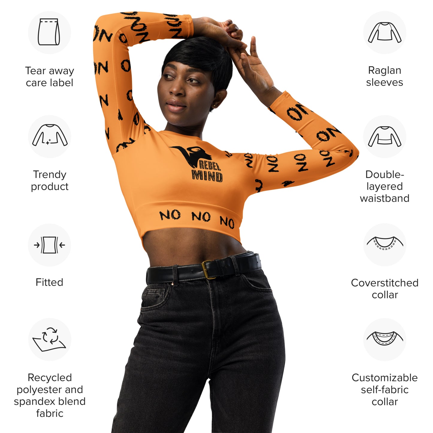 ATTITUDE. Recycled long-sleeve crop top. REBEL MIND. Orange.