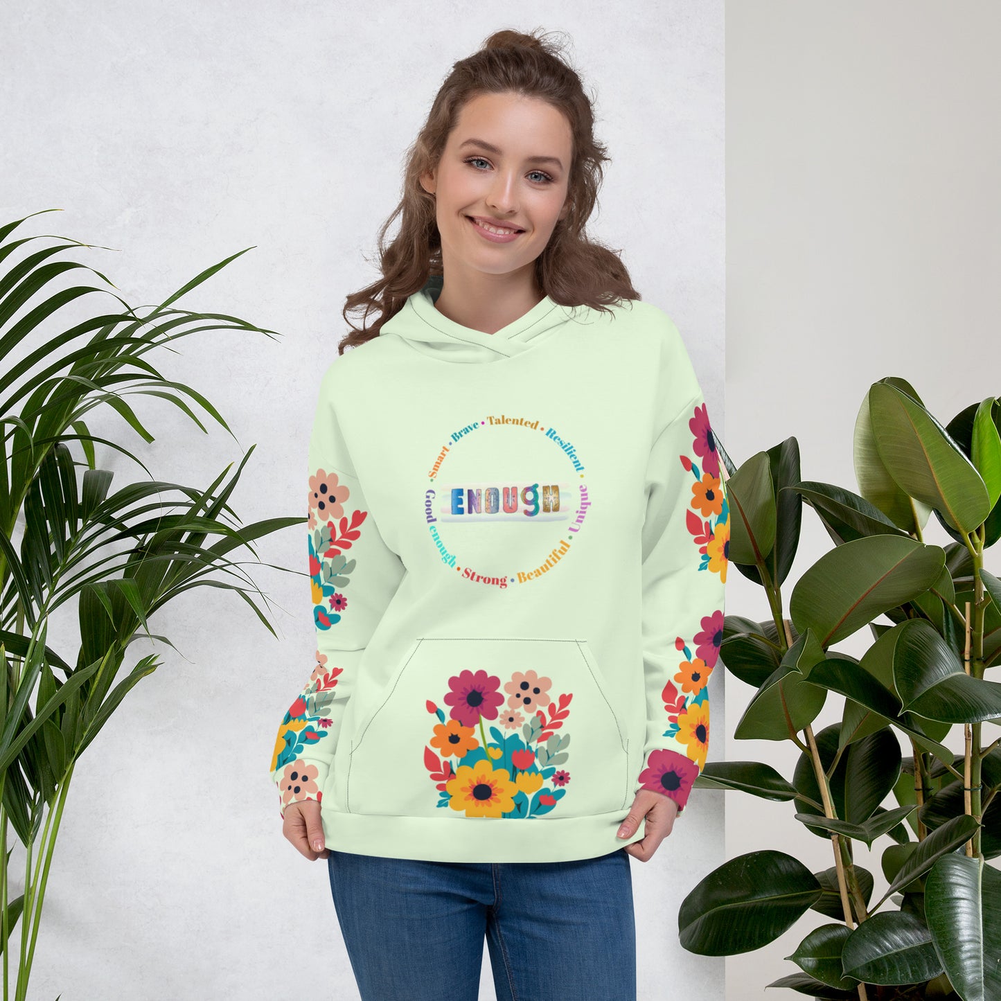 ATTITUDE. Unisex Hoodie, green, flowers. ENOUGH.