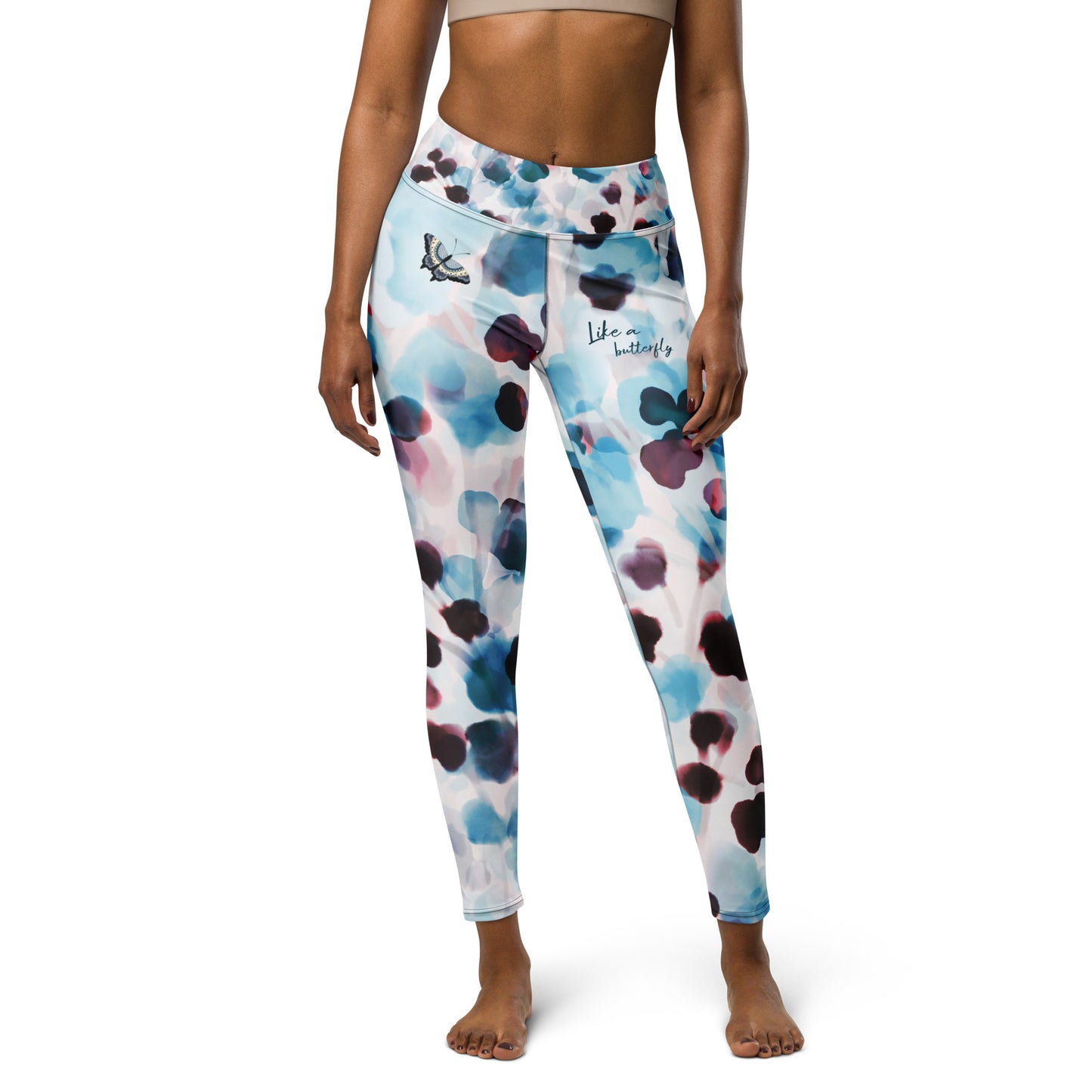 Hand-sewn Yoga & Gym leggings. Blue butterflies. Born twice.