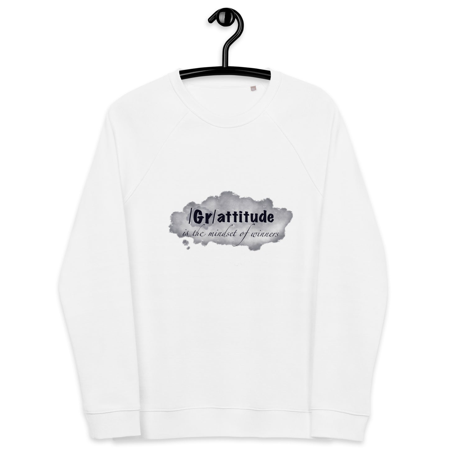 ATTITUDE. GRATITUDE. Unisex organic raglan sweatshirt. White.